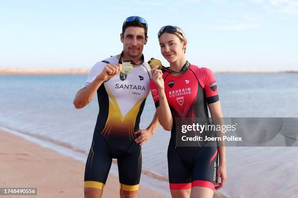 Leo Bergere of France and Cassandre Beaugrand of France pose for a photo with their medals after victory during the Men's and Women's Super League...