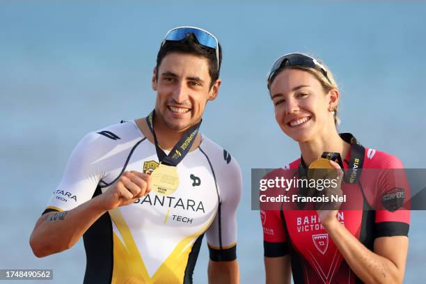 Leo Bergere of France and Cassandre Beaugrand of France pose for a photo with their medals after victory during the Men's and Women's Super League...