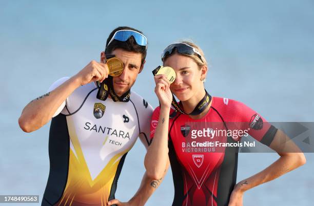 Leo Bergere of France and Cassandre Beaugrand of France pose for a photo with their medals after victory during the Men's and Women's Super League...