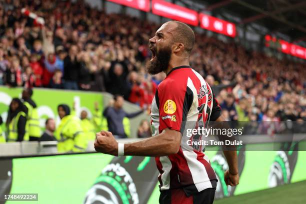 Bryan Mbeumo of Brentford celebrates after scoring the team's second goal during the Premier League match between Brentford FC and Burnley FC at...