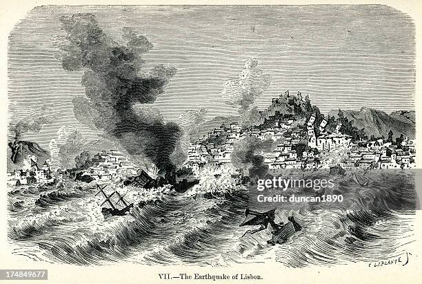 lisbon earthquake of 1755 - earthquake stock illustrations