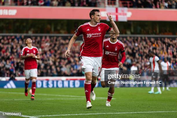 Chris Wood of Nottingham Forest celebrates after scoring their second goal of the game to make it 2-0 during the Premier League match between...