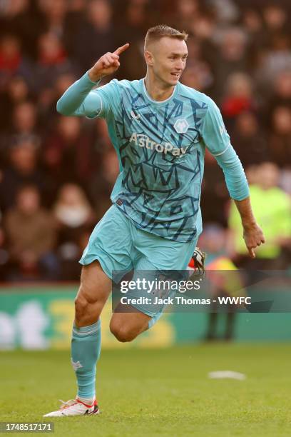 Sasa Kalajdzic of Wolverhampton Wanderers celebrates after scoring the team's second goal during the Premier League match between AFC Bournemouth and...