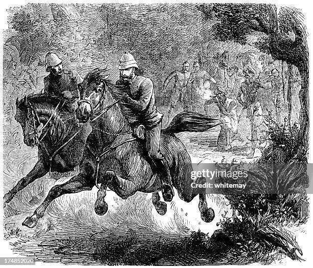 two soldiers escaping angry tribesmen - man running scared stock illustrations