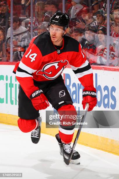 Nathan Bastian of the New Jersey Devils during the game against the Arizona Coyotes at the Prudential Center on October 13, 2023 in Newark, New...