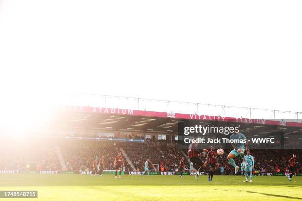 Hee-chan Hwang of Wolverhampton Wanderers blocks the pass from Max Aarons of AFC Bournemouth during the Premier League match between AFC Bournemouth...