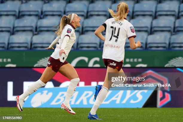 Chloe Kelly of Manchester City celebrates after scoring the team's first goal during the Barclays Women´s Super League match between Leicester City...
