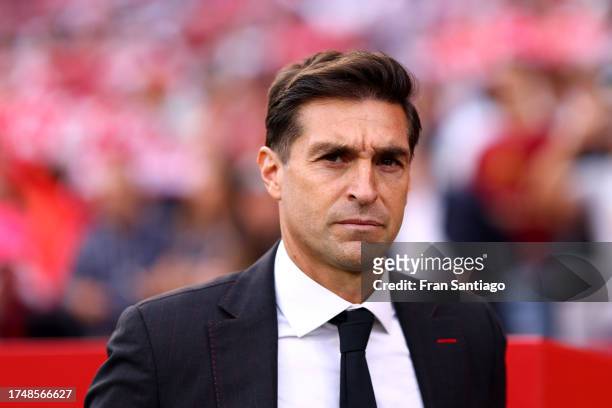 Diego Alonso, Head Coach of Sevilla FC, looks on prior to the LaLiga EA Sports match between Sevilla FC and Real Madrid CF at Estadio Ramon Sanchez...
