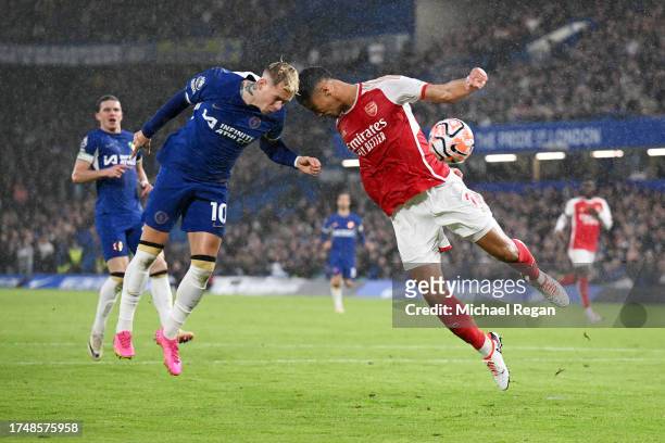 Mykhaylo Mudryk of Chelsea clashes with William Saliba of Arsenal during the Premier League match between Chelsea FC and Arsenal FC at Stamford...