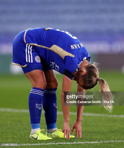 Lena Petermann of Leicester City reacts after a missed chance during the Barclays Women´s Super League match between Leicester City and Manchester...