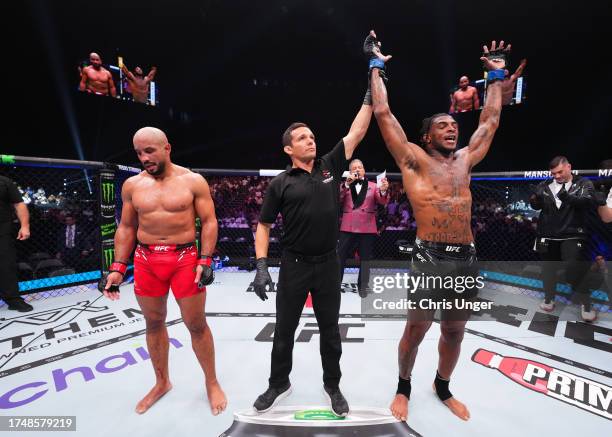 Sedriques Dumas reacts after his victory against Abu Azaitar of Germany in a middleweight fight during the UFC 294 event at Etihad Arena on October...