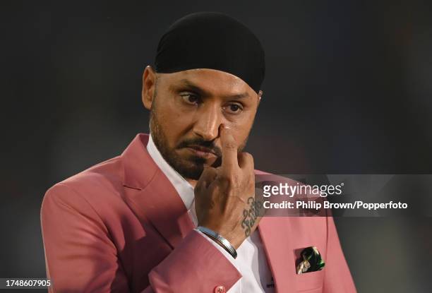Harbhajan Singh working for Star Sports during the ICC Men's Cricket World Cup India 2023 match between England and South Africa at Wankhede Stadium...