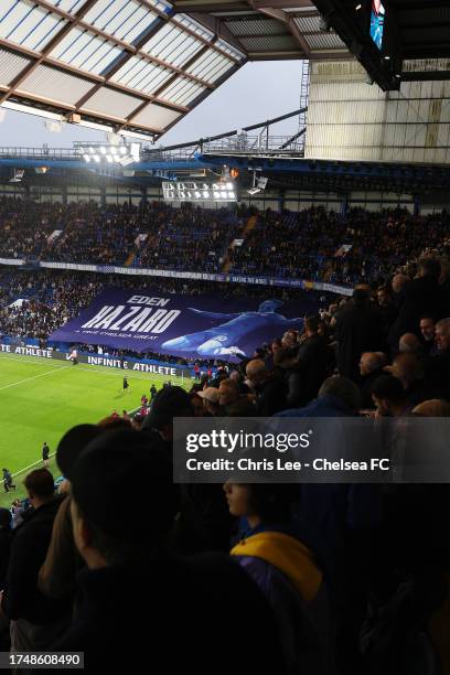 Chelsea fans show their support by holding an Eden Hazard banner in the stands prior to the Premier League match between Chelsea FC and Arsenal FC at...