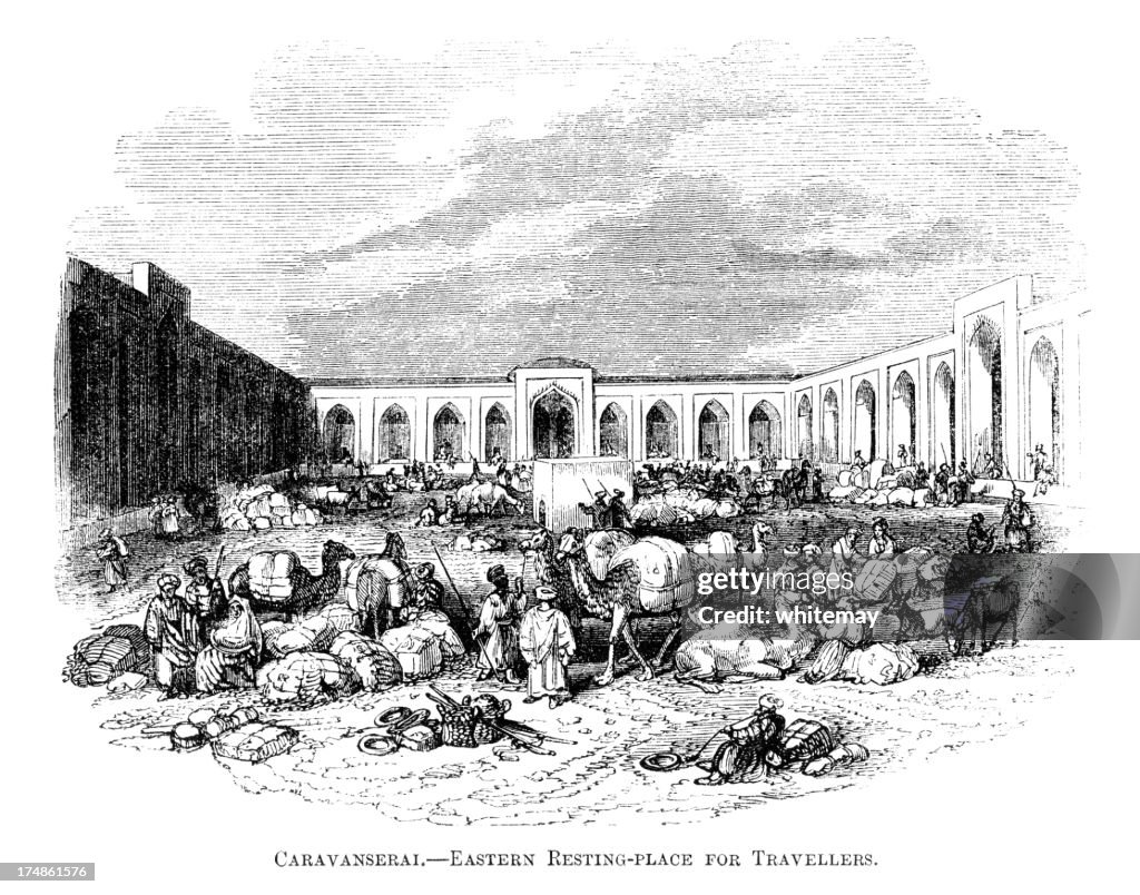 Caravanserai - a resting place for travellers (Victorian engraving)