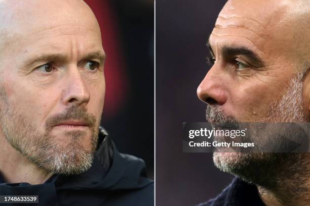 In this composite image a comparison has been made between Erik ten Hag, Manager of Manchester United and Pep Guardiola, Manager of Manchester City....