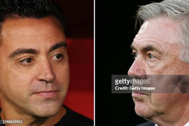 In this composite image a comparison has been made between Head Coach Xavi Hernandez of FC Barcelona and Head Coach Carlo Ancelotti of Real Madrid...