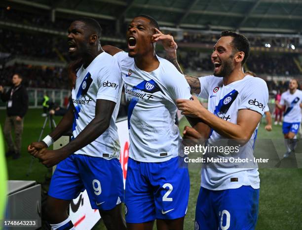 Marcus Thuram of FC Internazionale celebrates with team-mates after scoring the goal durin the Serie A TIM match between Torino FC and FC...