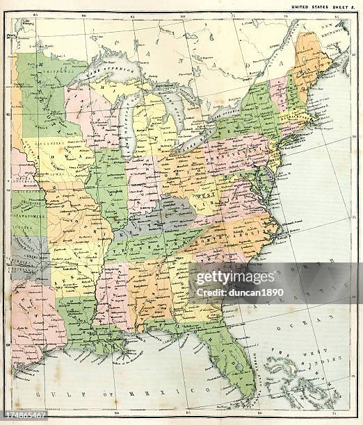 stockillustraties, clipart, cartoons en iconen met antique map of eastern usa - virginia amerikaanse staat