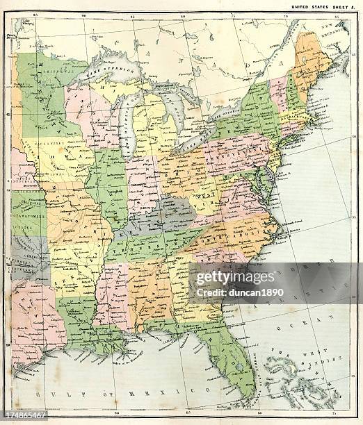 stockillustraties, clipart, cartoons en iconen met antique map of eastern usa - west virginia v maryland