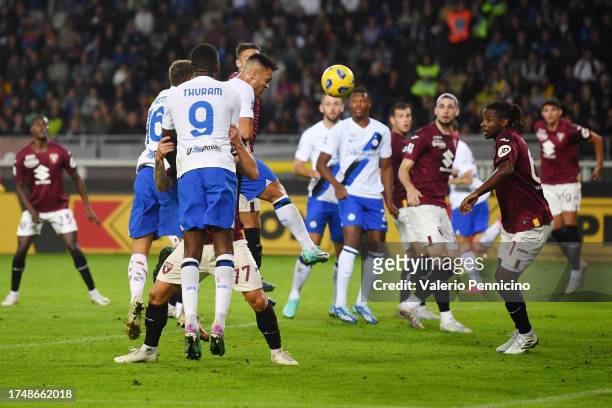 Lautaro Martinez of FC Internazionale scores the team's second goal during the Serie A TIM match between Torino FC and FC Internazionale at Stadio...