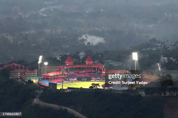 General view overlooking HPCA Stadium prior to the ICC Men's Cricket World Cup India 2023 between India and New Zealand at HPCA Stadium on October...