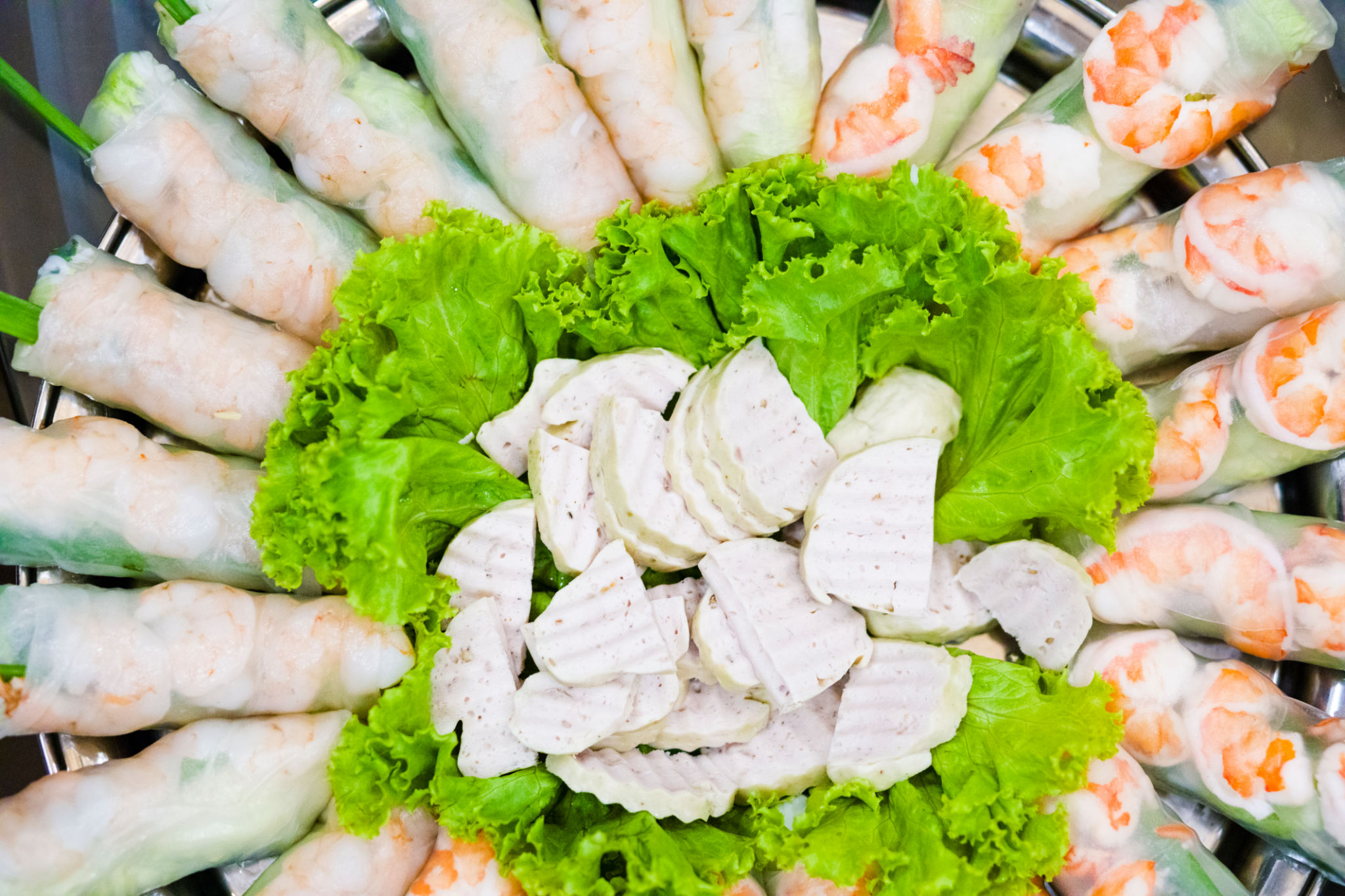Top view of Vietnamese rice noodle vegetable shrimp rolls Top view of Vietnamese rice noodle vegetable shrimp rolls