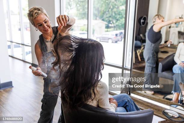 woman getting hair styled at salon - especialista en belleza fotografías e imágenes de stock