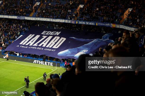 Chelsea fans show their support by holding an Eden Hazard banner in the stands prior to the Premier League match between Chelsea FC and Arsenal FC at...