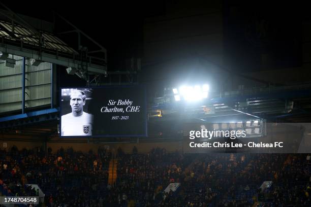 The LED screen inside the stadium displays a message of remembrance for Sir Bobby Charlton, CBE at half time during the Premier League match between...