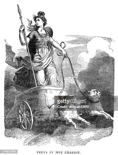 norse mythology - freya in her chariot - goddess stock illustrations