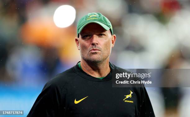 Jacques Nienaber, Head Coach of South Africa, looks on during the warm up prior to the Rugby World Cup France 2023 match between England and South...