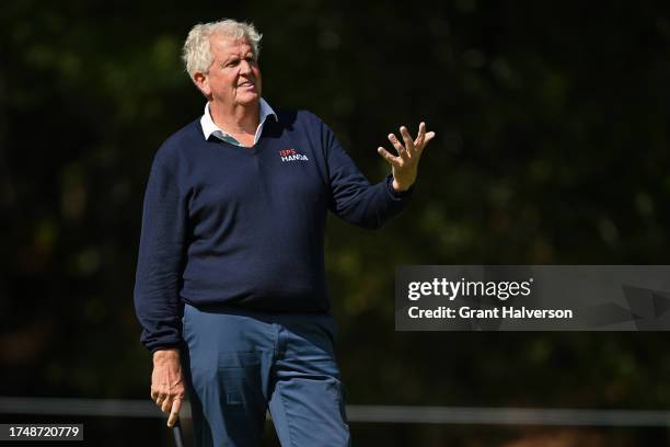 Colin Montgomerie of Scotland reacts to a missed putt on the 3rd hole during the second round of the Dominion Energy Charity Classic at The Country...