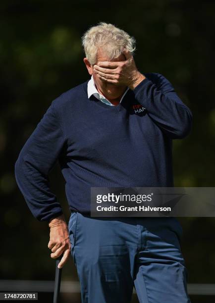 Colin Montgomerie of Scotland reacts to a missed putt on the 3rd hole during the second round of the Dominion Energy Charity Classic at The Country...