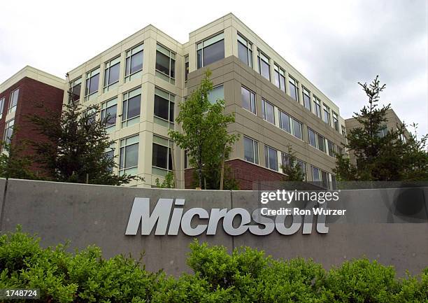 An exterior view of the Microsoft headquarters during the Microsoft CEO Summit is shown May 22, 2002 in Redmond, Washington. A federal judge granted...