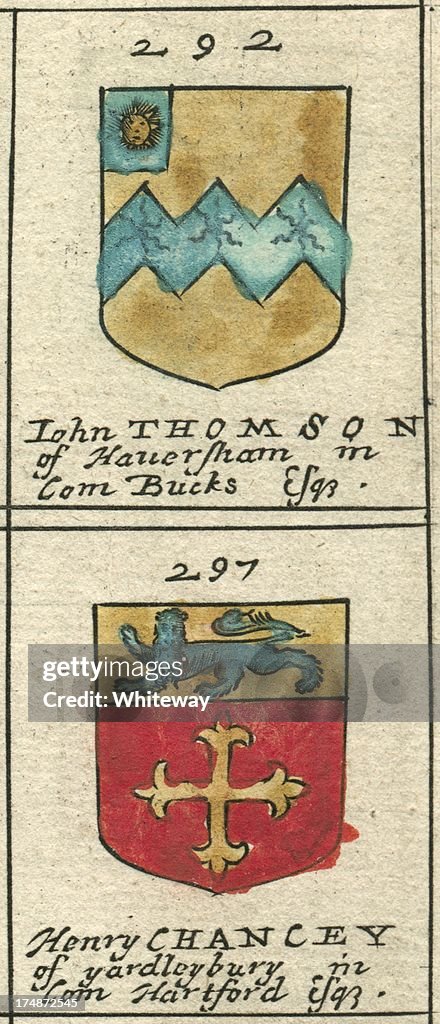 Coat of arms copperplate 17th century Thompson and Chauncy