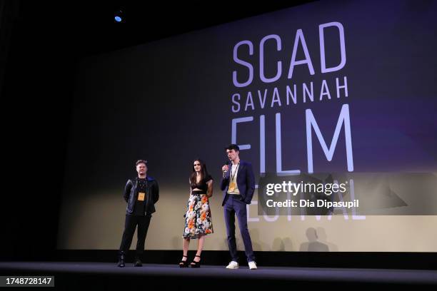 Lucas Grabeel, Emily Keefe, and Taylor Turner speak onstage at the "Lucas Needs an Agent" and "Intermedium" Q&A during the 26th SCAD Savannah Film...