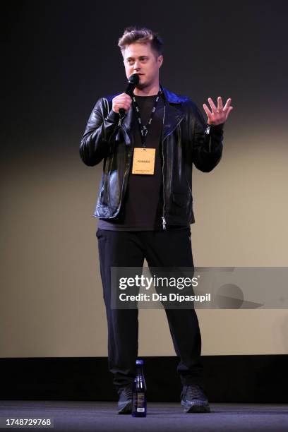 Lucas Grabeel speaks onstage at the "Lucas Needs an Agent" Q&A during the 26th SCAD Savannah Film Festival at Lucas Theatre for the Arts on October...