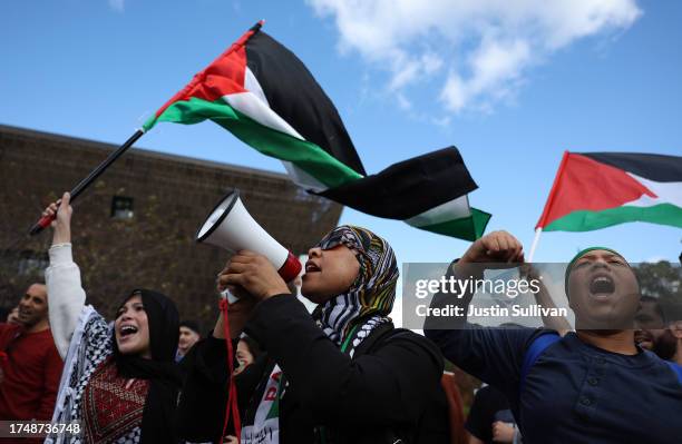 Pro-Palestinian protesters wave a Palestinian flag during a demonstration calling for a ceasefire in Gaza on October 21, 2023 in Washington, DC....