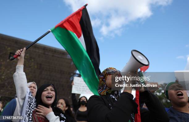 Pro-Palestinian protesters wave a Palestinian flag during a demonstration calling for a ceasefire in Gaza on October 21, 2023 in Washington, DC....