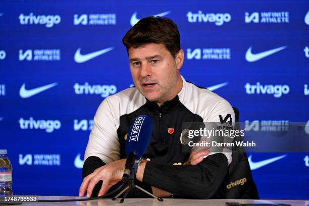 Head Coach Mauricio Pochettino of Chelsea during a press conference at Chelsea Training Ground on October 27, 2023 in Cobham, England.