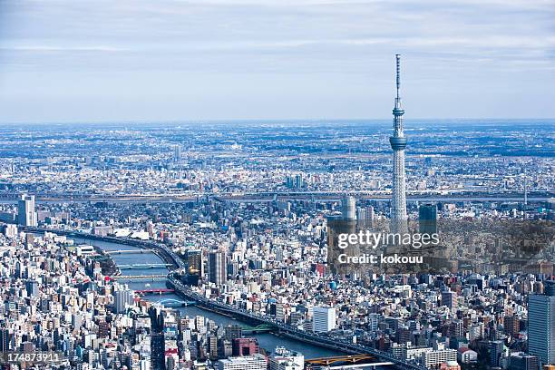 tokyo skytree and river scenery. - tokyo skytree stock pictures, royalty-free photos & images
