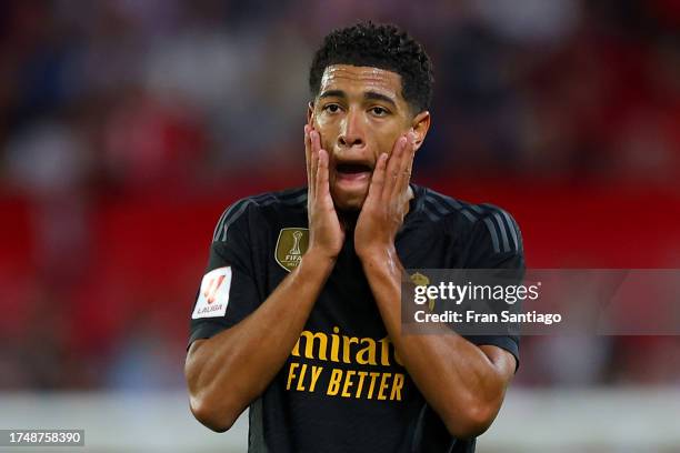 Jude Bellingham of Real Madrid reacts during the LaLiga EA Sports match between Sevilla FC and Real Madrid CF at Estadio Ramon Sanchez Pizjuan on...