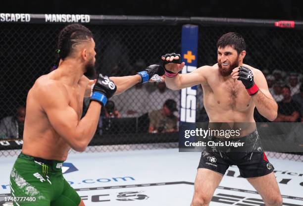Magomed Ankalaev of Russia battles Johnny Walker of Brazil in a light heavyweight fight during the UFC 294 event at Etihad Arena on October 21, 2023...
