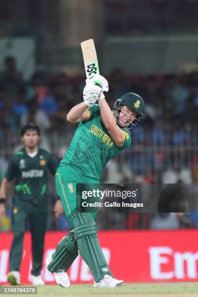 David Miller of South Africa plays a shot during the ICC Men's Cricket World Cup 2023 match between South Africa and Pakistan at MA Chidambaram...