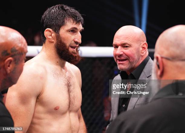 Magomed Ankalaev of Russia reacts after the stoppage of his light heavyweight fight against Johnny Walker of Brazil due to an unintentional foul,...