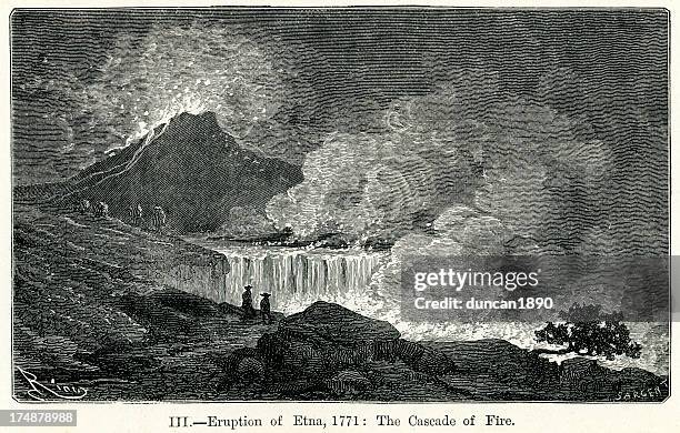 eruption of etna in 1771 - aa lava stock illustrations
