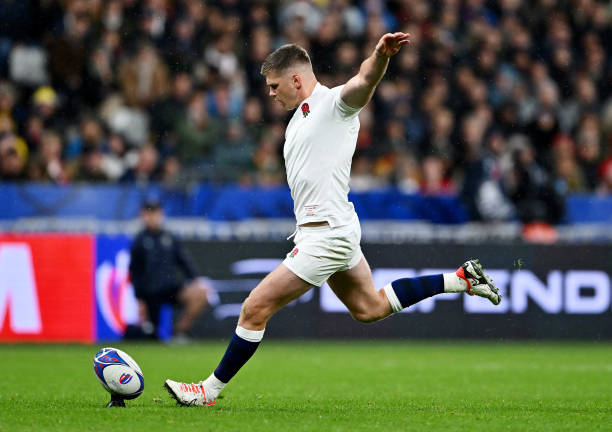 Owen Farrell of England kicks a second penalty goal during the Rugby World Cup France 2023 match between England and South Africa at Stade de France...