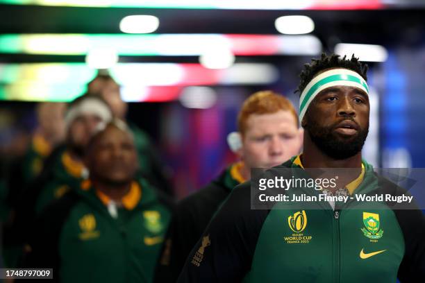 Siya Kolisi of South Africa looks on inside the players tunnel prior to the Rugby World Cup France 2023 match between England and South Africa at...