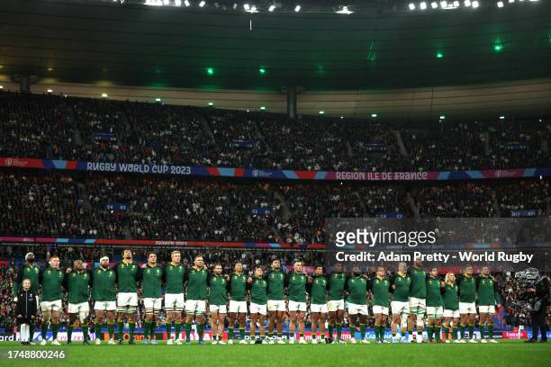 The players of South Africa line up during the National Anthems prior to the Rugby World Cup France 2023 match between England and South Africa at...