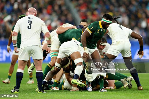 Duane Vermeulen of South Africa has his pants ripped off during the Rugby World Cup France 2023 match between England and South Africa at Stade de...